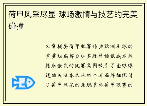 荷甲风采尽显 球场激情与技艺的完美碰撞